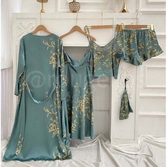 Dusty Teal Satin Pajama Lingerie Set of 5 Pieces - Picture 2 of 6